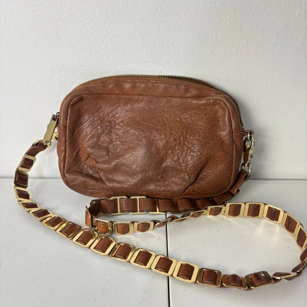 Vtg Tory Burch Amanda Brown Distressed Leather Crossbody Bag Zip Top Chain Strap
